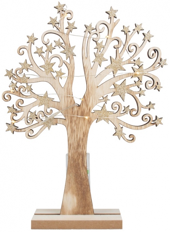 Strom dřevěný se zlatými hvězdami 22 x 30 cm, s LED světýlky Anděl Přerov s.r.o.