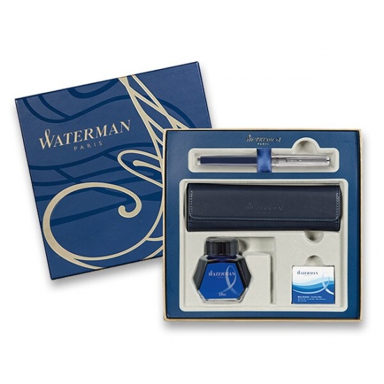 Waterman Exception Made in France DLX Blue CT plnicí pero, dárková kazeta s pouzdrem, inkoustem, konvertorem a bombičkami Waterman