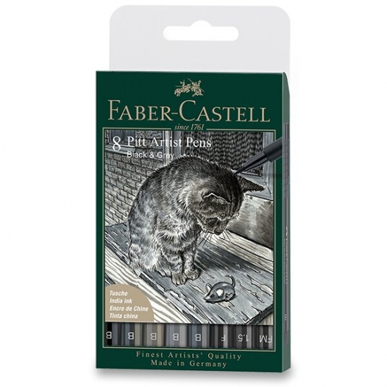 Popisovač Faber-Castell Pitt Artist Pen BlackaGrey sada 8 ks, různé hroty, černý a šedý Faber-Castell