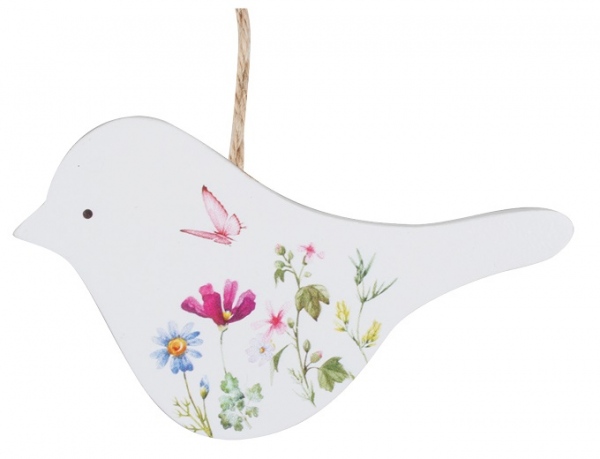 Ptáček bílý s květinovým vzorem na zavěšení 13,5 cm Anděl Přerov s.r.o.