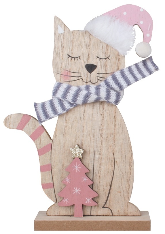 Kočka v růžové čepici dřevěná na postavení 14 x 19,5 cm Anděl Přerov s.r.o.