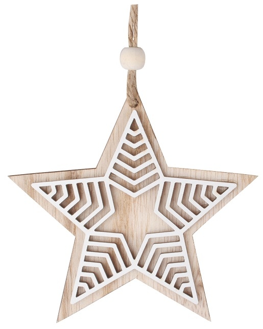 Hvězda s bílým dekorem dřevěná na zavěšení 10 cm Anděl Přerov s.r.o.