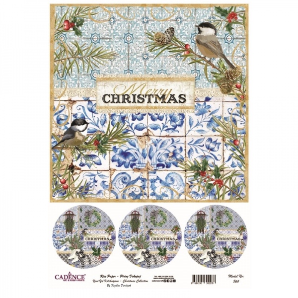 Rýžový papír, A4 - Modré ptačí Vánoce, čtverec a kolečka Aladine