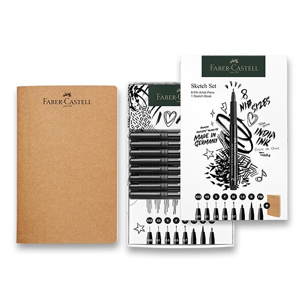 Popisovače a skicář Faber-Castell Pitt Artist Pen sada 8+1 ks, různé hroty, černý Faber-Castell