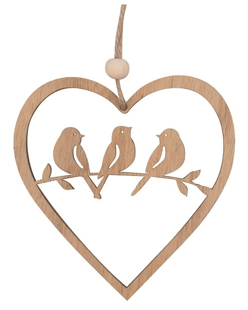 Ptáčci vyřezávaní ze dřeva v srdíčku na zavěšení 9,5 cm Anděl Přerov s.r.o.