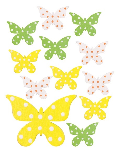 Motýlci dřevění s lepíkem 3 barvy 4 cm, 12 ks v sáčku Anděl Přerov s.r.o.