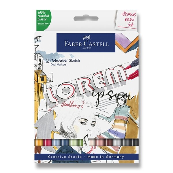 Popisovač Faber-Castell Goldfaber Sketch Dual Marker sada, 12 barev Faber-Castell