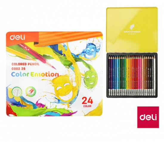 Pastelky DELI trojhranné 24 barev Color Emotion kovové pouzdro EC00225 DELI