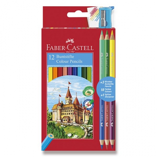 Pastelky Faber Castell šestihranné 12ks + 3 oboustranné pastelky a ořezávátko. Faber-Castell