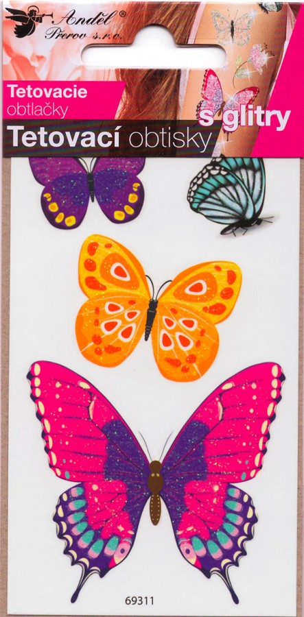 Tetovací obtisky s glitry 10,5 x 6 cm - motýli Anděl Přerov s.r.o.