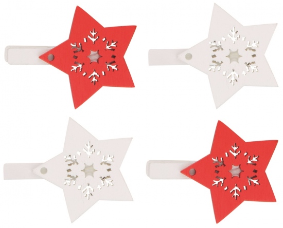 Hvězda dřevěná na kolíčku 4,5 cm, červená a bílá, 4 ks Anděl Přerov s.r.o.