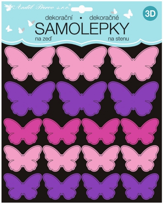 Samolepky na zeď 3D růžovofialoví motýli 2 archy 35 ks 25x16 cm+25x25cm Anděl Přerov s.r.o.