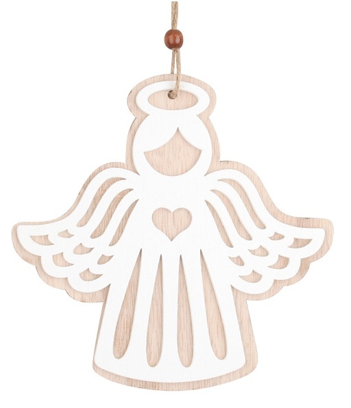 Dřevěný anděl na zavěšení se srdíčkem 15 cm Anděl Přerov s.r.o.