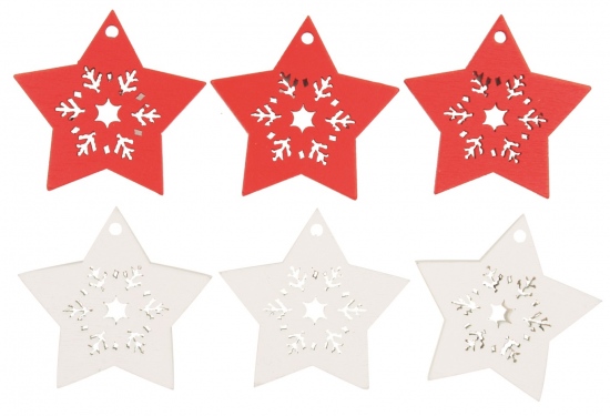 Hvězda dřevěná s lepíkem 4,5 cm, červená a bílá, 6 ks Anděl Přerov s.r.o.