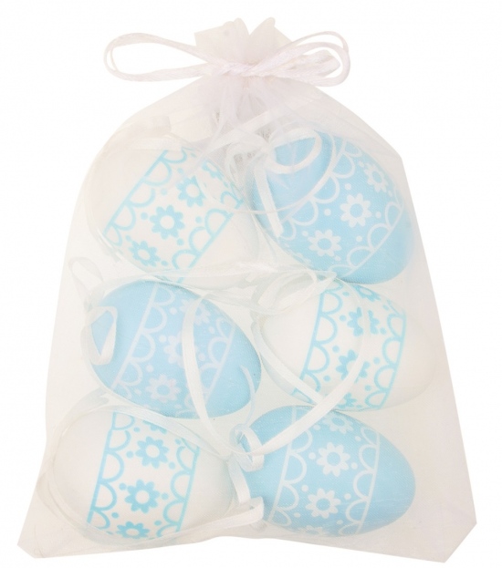 Vajíčka s kytičkami bílá/modrá plastová na zavěšení 6 cm, 6 ks v organze Anděl Přerov s.r.o.